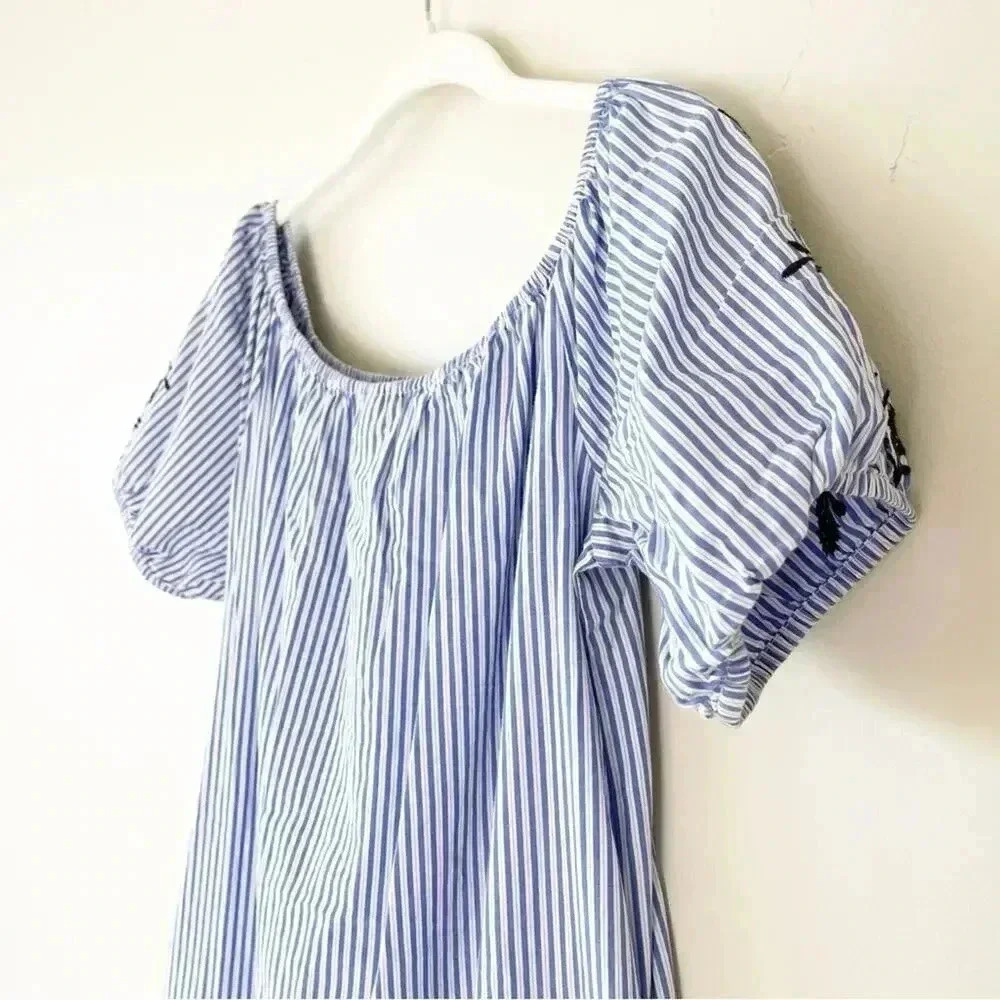 Who What Wear Embroidered Puff Sleeve Striped Midi Dress M EUC - Picture 7 of 8